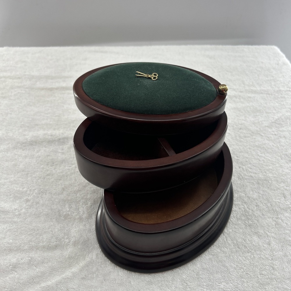 The Bombay Company Sewing Pincushion Three Tier Swivel Wooden Box Vintage